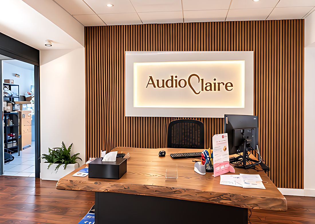 Le bureau d'accueil Audio Claire, mur en bois et logo lumineux